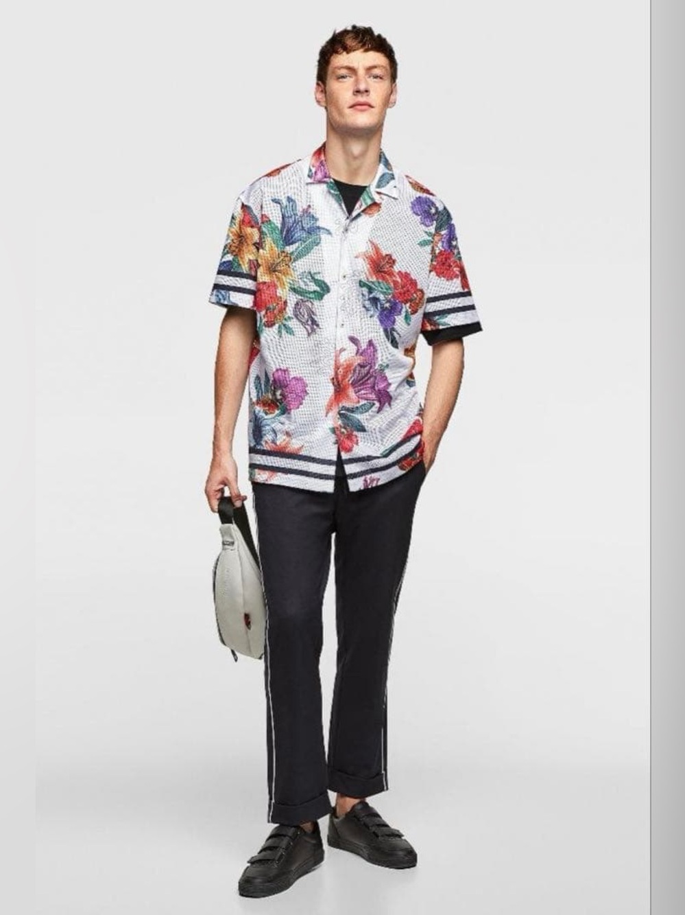 ZARA mens floral print mesh resort shirt jersey S bright tropical resortwear